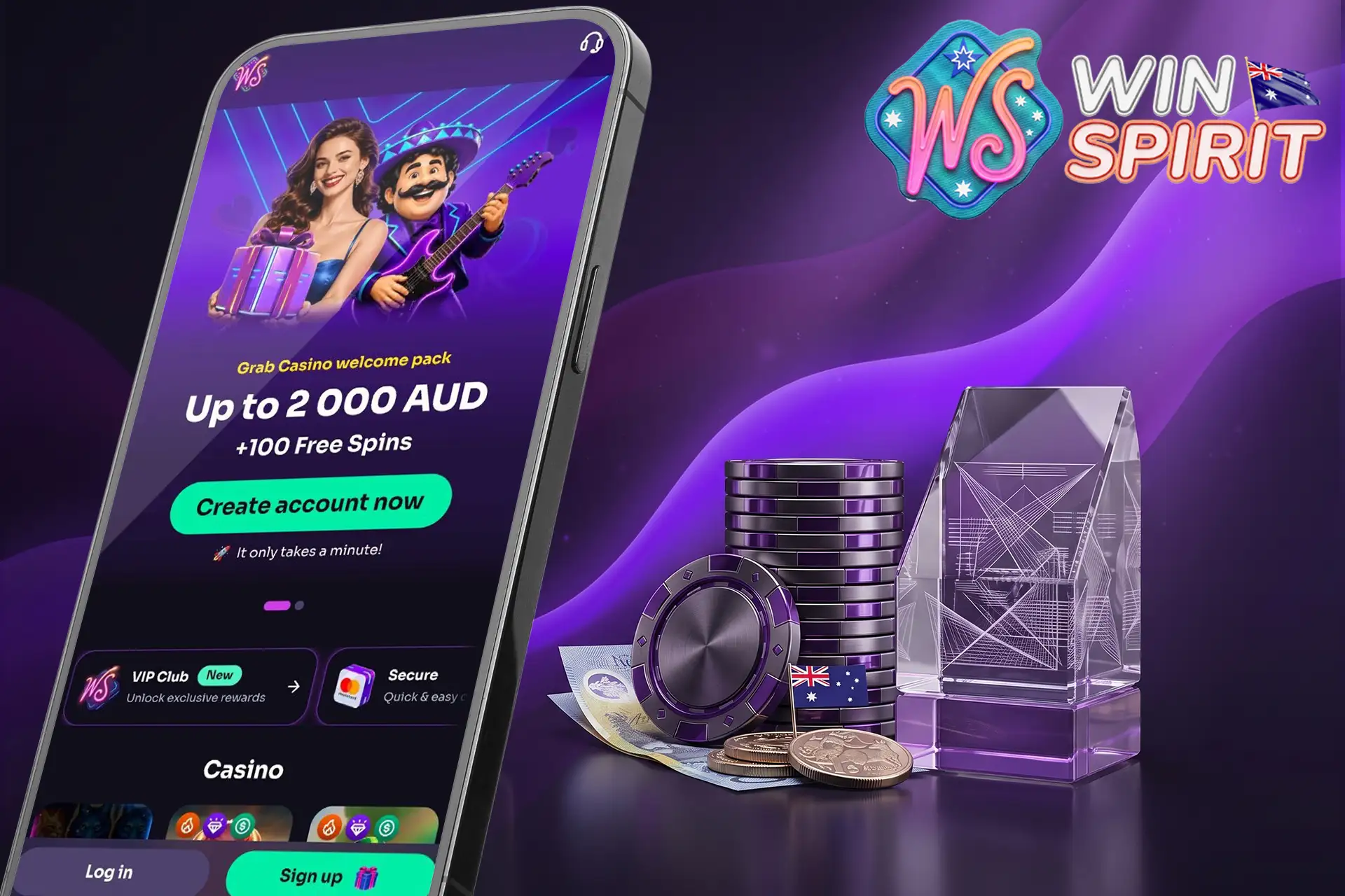 Playing online pokies for real money in Australia, featuring a mobile screen with a welcome bonus alongside AUD banknotes, chips, and a crystal trophy